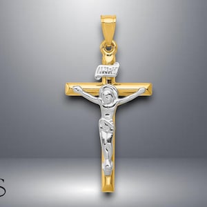 14K Two-tone Gold INRI Crucifix Pendant with Necklace Chain Options