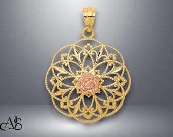 14K Yellow and Rose Gold Rose in Round Filigree Charm with Necklace Chain Options