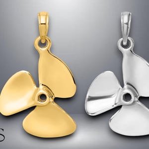 14K Yellow Gold White Gold 3-D Polished Three Blade Propeller Charm with Necklace Chain Options
