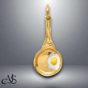 14K Yellow Gold 3D Frying Pan with Enameled Egg Pendant Charm with Chain Necklace options