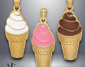 14K Gold Enameled Ice Cream Cone Pendant: Vanilla, Strawberry, Chocolate