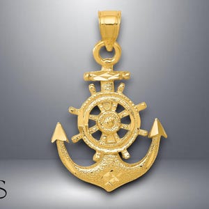 14K Yellow Gold Satin Diamond-cut Anchor Pendant with Necklace Chain Options