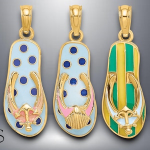 14K Yellow Gold 3D Enamel Flip-Flop Pendant Charm with Necklace Chain Options