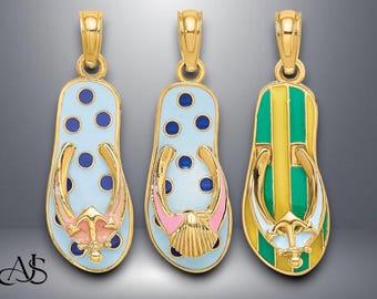 14K Yellow Gold 3D Enamel Flip-Flop Pendant Charm with Necklace Chain Options