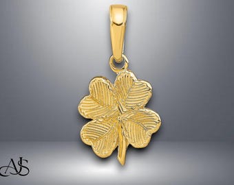 14K Yellow Gold Textured Shamrock 4-Leaf Clover Pendant with Necklace Chain Options