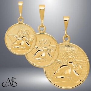 14K Yellow Gold Angel Pendant Disc Charm with Necklace Chain Options