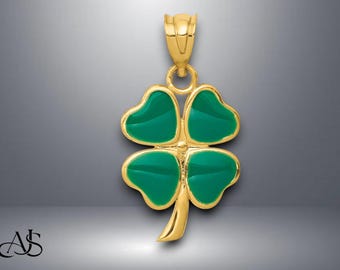 14K Yellow Gold Enameled Four Leaf Clover Pendant with Necklace Chain Options