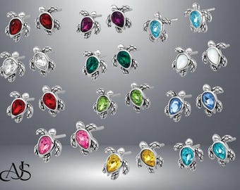 Sterling Silver Birthstone Sea Turtle Earrings with Pear Shape Birthstone