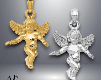14K Yellow Gold or White Gold 3D Solid Angel Pendant with Necklace Chain Options