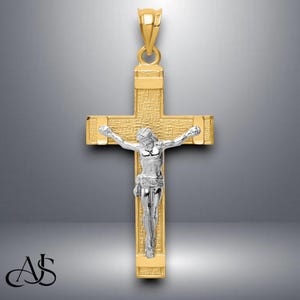 14K Two-tone Gold INRI Crucifix Pendant with Necklace Chain Options
