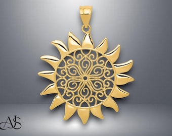 14K Yellow Gold Polished Filigree Sun Pendant with Necklace Chain Options