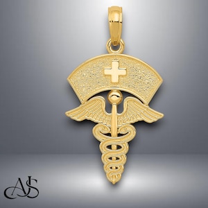 14K Yellow Gold Caduceus with Nurses Cap Pendant with Necklace Chain Options