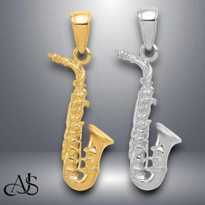 14K Yellow or White Gold Solid 3-D Saxophone Pendant with Chain Options