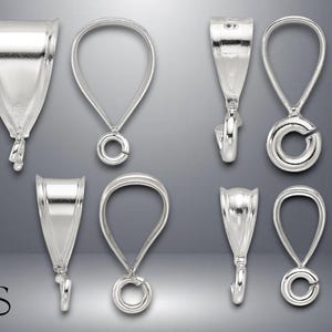May include: An assortment of shiny silver-colored jewelry findings, including pendant bails and connectors. The bails have a teardrop shape with a loop at the bottom. The connectors have a circular loop. The background is a gradient of gray.