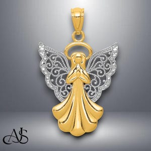 14K Yellow Gold with White Rhodium Filigree Angel Pendant with Chain Necklace options