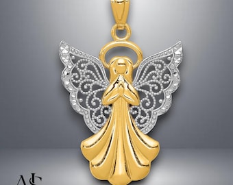 14K Yellow Gold with White Rhodium Filigree Angel Pendant with Chain Necklace options