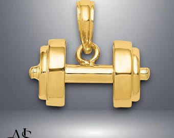 14K Yellow Gold 3-D Single Barbell Pendant with Necklace Chain Options