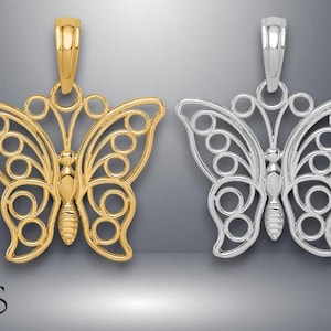 14K Yellow Gold or White Gold Filigree Butterfly Large Pendant with Necklace Chain Options