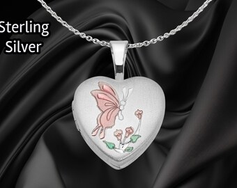 Sterlingzilveren emaille vlinder hart medaillon aandenken Bouw ketting met gravure, foto-invoegingen en kettingopties