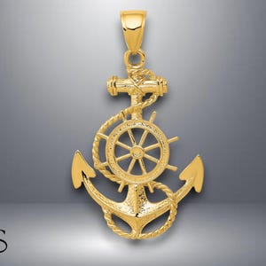 14K Yellow Gold Large Ships Anchor with Pilot Wheel Pendant with Necklace Chain Options