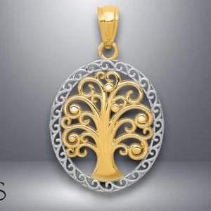 14K Yellow Gold and Rhodium accent Tree of Life Pendant with Necklace Chain Options