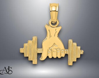 14 kt geelgouden hand met barbell-hangerbedel met ketting kettingopties