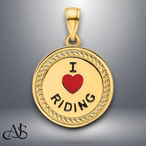 14K Yellow Gold - I Heart Horses - I Heart Riding - Enameled Reversible Pendant with Chain Necklace options