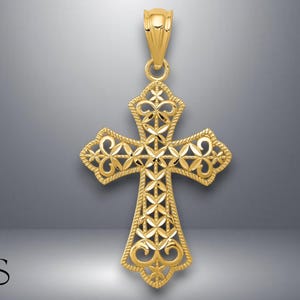 14K Yellow Gold Polished Concave Filigree Cross Pendant with Necklace Chain Options