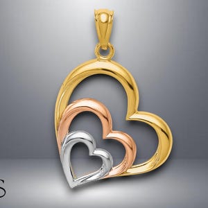 14K Tri-color Gold 3 Hearts Pendant with Necklace Chain Options
