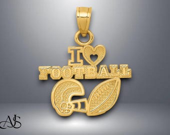 Könnte beinhalten: Goldfarbener Anhänger mit einer Fußballausrüstung, einem Fußball und den Worten "I Love Football".