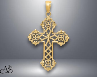 14K geelgouden Lacey Budded kruishanger met ketting kettingopties