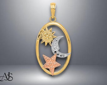 14K Two-Tone Gold Celestial Pendant: Sun, Moon & Star Necklace