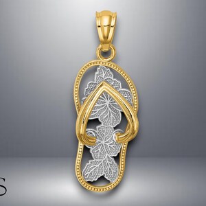 14K Yellow Gold w/Rhodium Polished Floral Flip Flop Pendant with Necklace Chain Options
