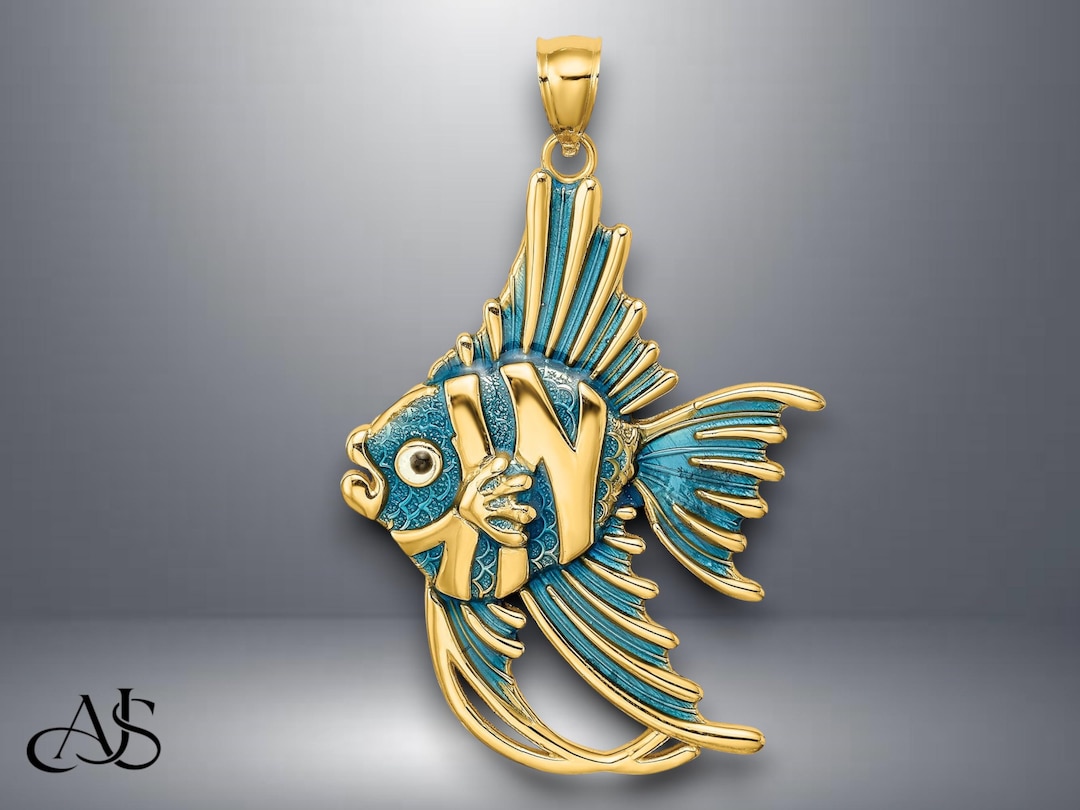 14K Yellow Gold Blue Enamel ANGELFISH Charm With Necklace Chain Options ...
