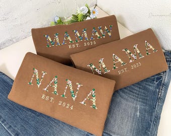 Embroidered Floral Mama Sweatshirt with Kids Name on Sleeve, Custom Mama, Nana, Grandma, Sweatshirt, Mothers Day, 60th Birthday Gift for Mom