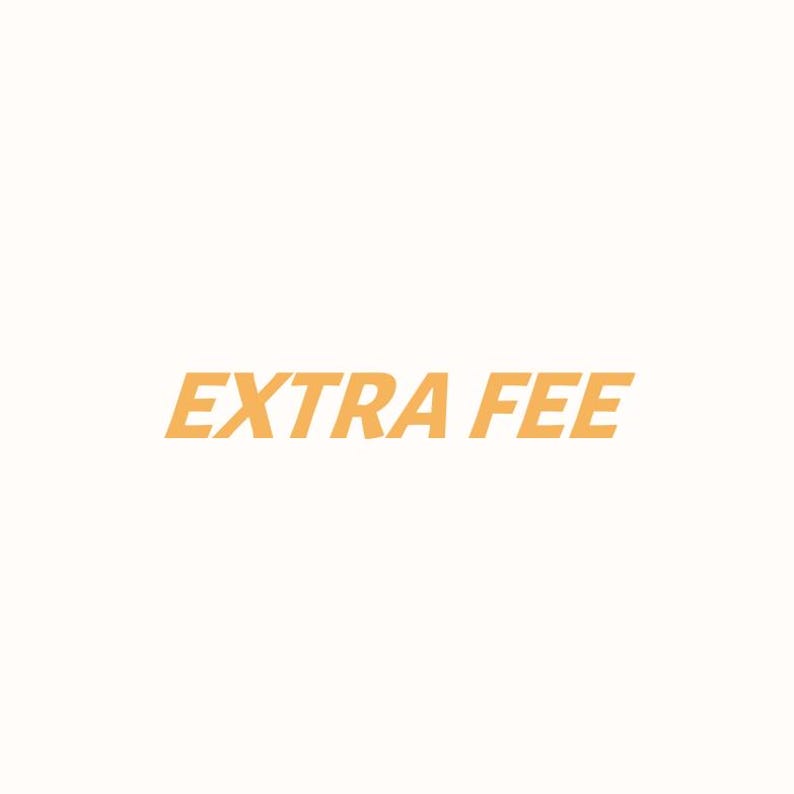 K&ouml;nnte beinhalten: Die Worte "EXTRA FEE" sind in einer kr&auml;ftigen, orangefarbenen Schrift auf einem schlichten, cremefarbenen Hintergrund dargestellt. Der Text ist leicht angewinkelt, was dem einfachen Design eine dynamische Note verleiht.