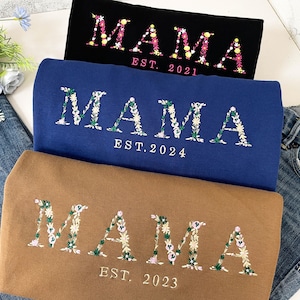Felpa personalizzata con ricamo floreale per la mamma con nome del bambino sulla manica, felpa personalizzata per mamma, nonna, nonna, regalo per la festa della mamma