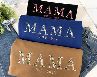 Custom Embroidered Floral Mama Sweatshirt with Kids Name on Sleeve, Personalized Mummy, Nana, Grandma Sweatshirt, Mothers Day Gift for Mom