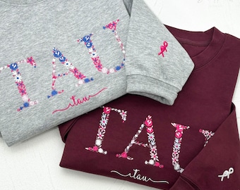 Broderad sorority-tröja med grekisk bokstav, personlig college-tröja med blommigt brev, universitets- och gymnasietrött halsband, gåva till skolstarten