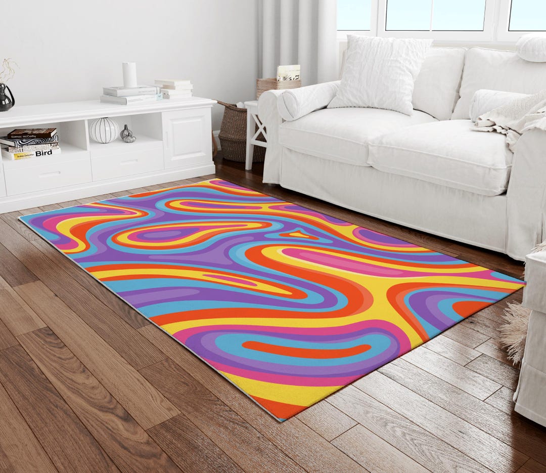 Retro Wavy Line Abstract Area Rug: Funky Design Decorative Rug, Funky ...