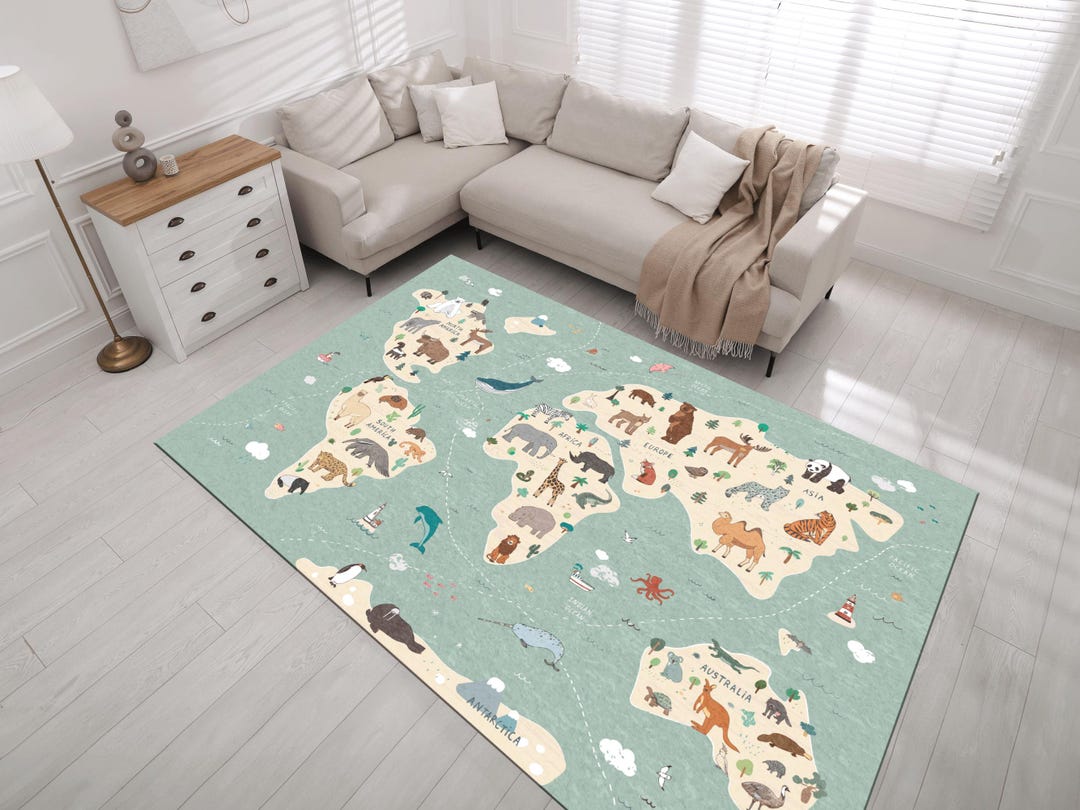 Toddler World Map Rug: Animal Geography Rug, Kids Room Rug, Continent ...