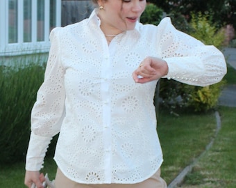 Weiße Eyelet Cotton Bluse: Besticktes Victorian Sommer Shirt