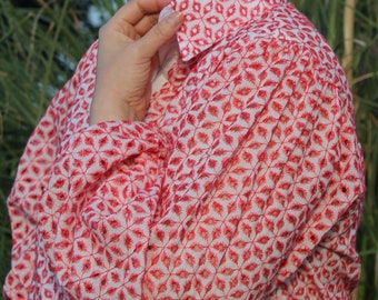Embroidered Cotton Blouse, Red Floral Print, Vintage Style, Cottagecore Top