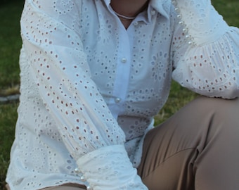 White Eyelet Cotton Blouse: Victorian Embroidered Summer Shirt