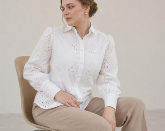 Weiße Eyelet bestickte Bluse für Frauen | Puff Ärmel Button Down Shirt | Cottagecore Boho Top | Elegante Langarm Baumwolle Bluse