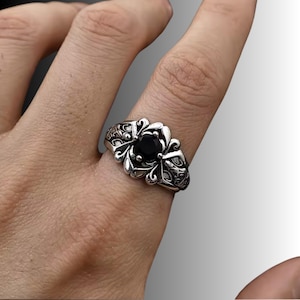 Men's Black Zircon Sword Rose Ring, Silver-Plated Copper, Gothic Punk Adjustable Band