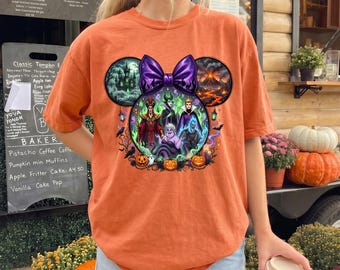 Disney Villains Halloween Shirt, Mickey Head Graphic Tee, Spooky Season Unisex Shirt, Purple Bow Theme Park Vacation Gift