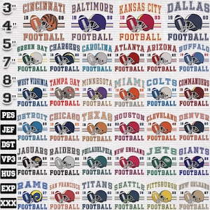 May include: A repeating pattern featuring American football team logos and helmets. Teams include Cincinnati, Baltimore, Kansas City, and Dallas. Each design incorporates team names, helmet illustrations, and the word "FOOTBALL".
