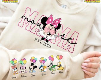 Custom Mama Mouse Est with Kid Name on Sleeve Sweatshirt, Disney Mother Day Gift, Disney Minnie Mouse Shirt, Mickey and Friends Sweatshirt