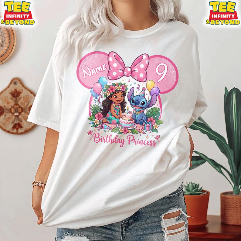 May include: White t-shirt featuring a pink Minnie Mouse-inspired design with a polka dot bow and the number 9. The design includes cartoon characters, a birthday cake, and the text "Birthday Princess".
